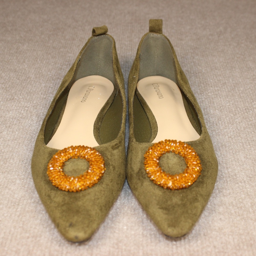 C.Paravano Olive Green Suede Pointed Toe Flats with Amber Beaded Detail Size 42